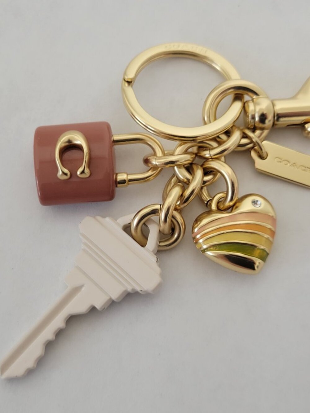 Coach Bag Charm Keychain Gold Pink White Key & Charms CP891 - Picture 2 of 9